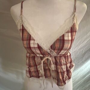 American Eagle Outfitters Red and White Plaid Baby doll Cami with Empire Waist